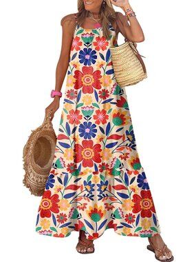 〽️Women's Apricot Floral Maxi Dress Scoop Neck Ruffle Hem Boho Summer Sundress